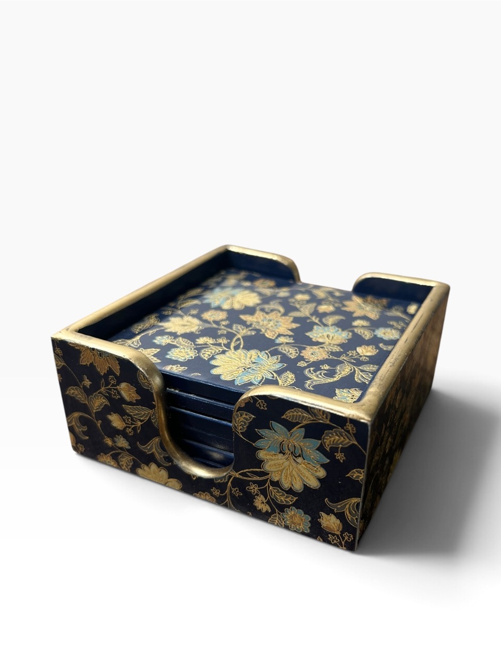 The Bombay Store Navy & Gold Floral Coasters Set of 6 with Holder